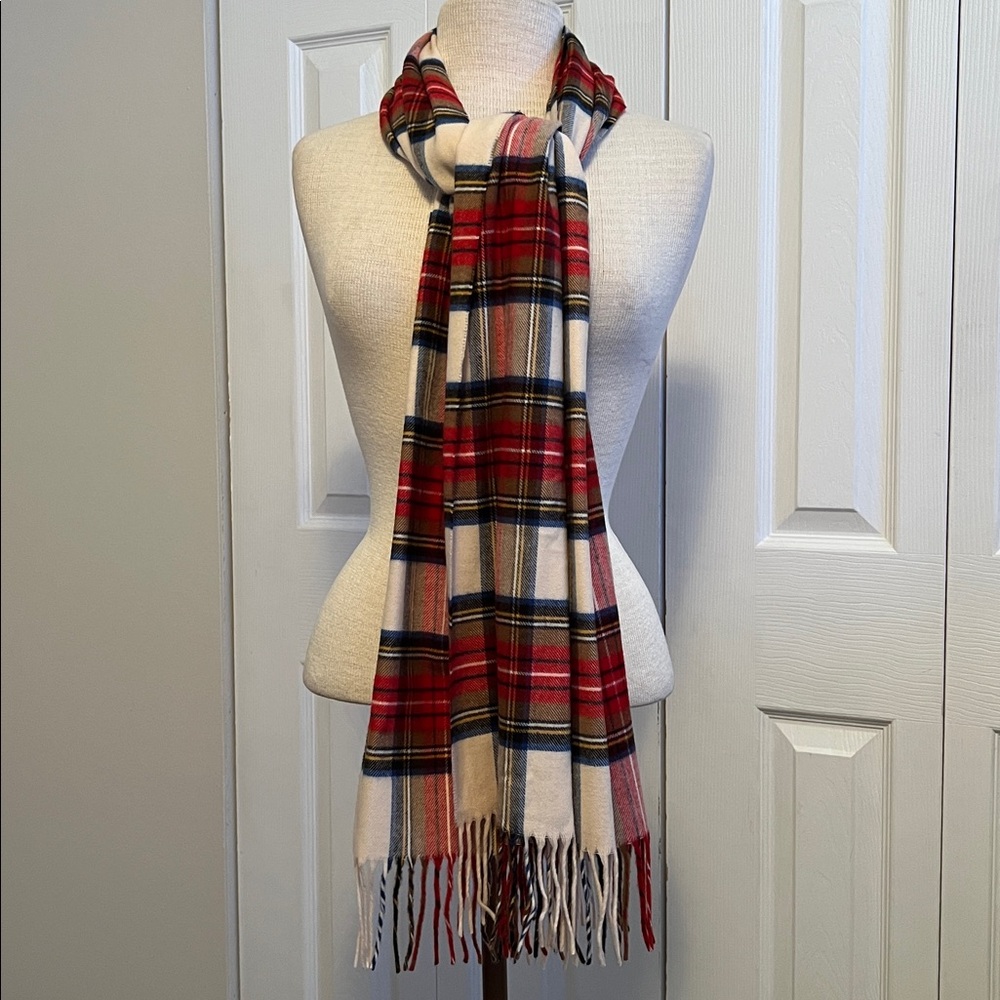 V.Fraas Red, Cream, and Blue Plaid  Fringe Cashmink Scarf